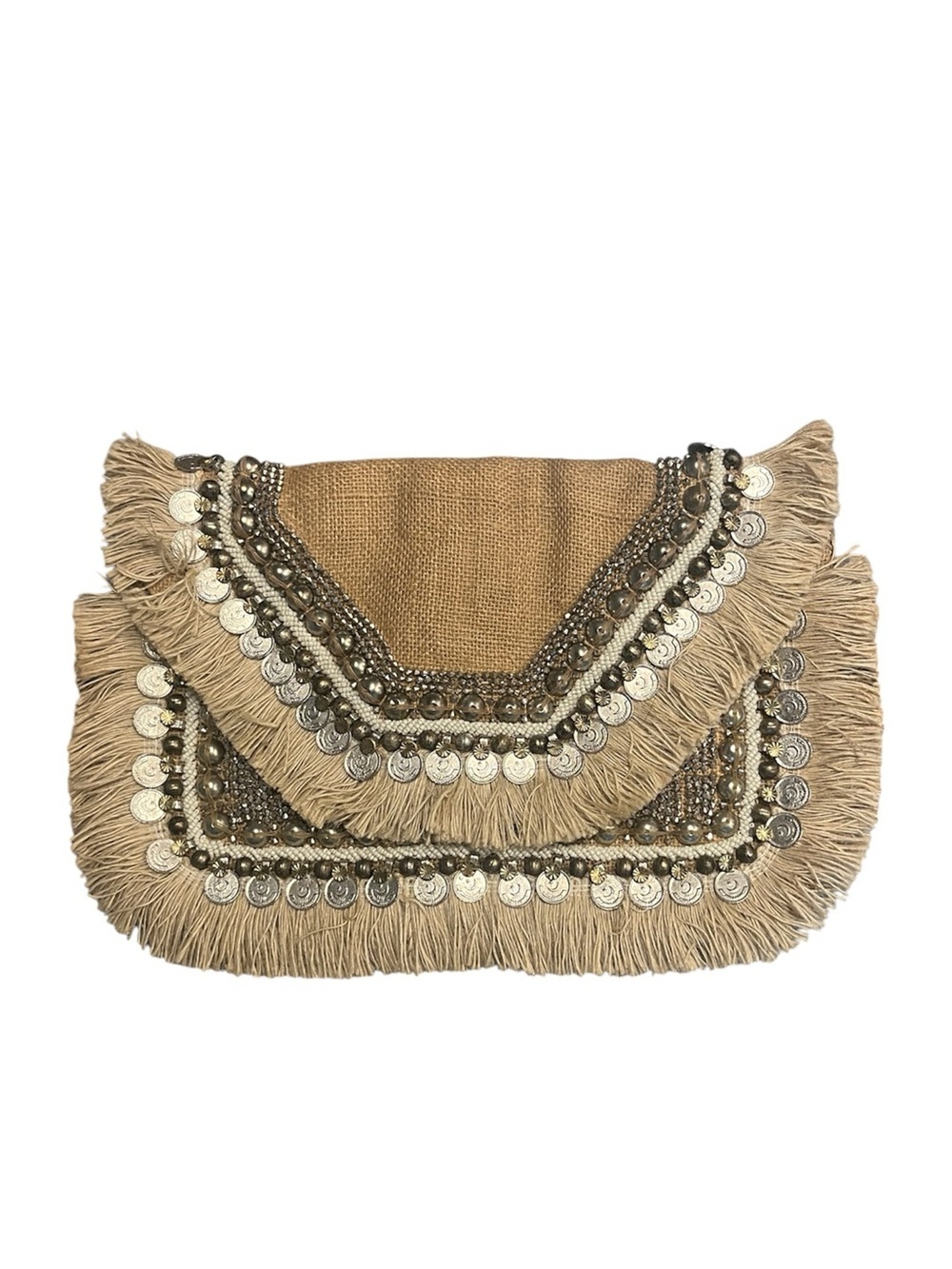 SHASHI Natural Straw Fringe Clutch with Metallic Coin Trim